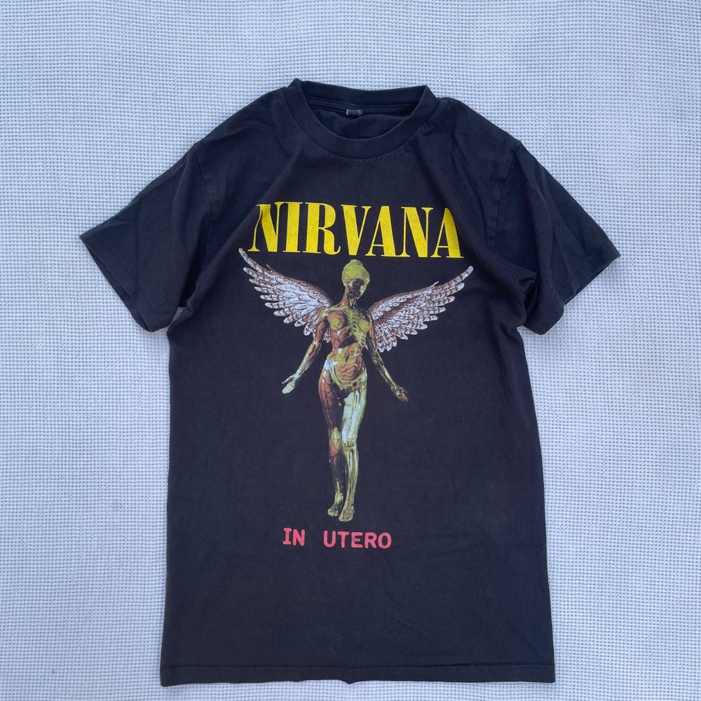 Nirvana In Utero T Shirt Small Slim Black Angel Graphic Grunge Band Tee